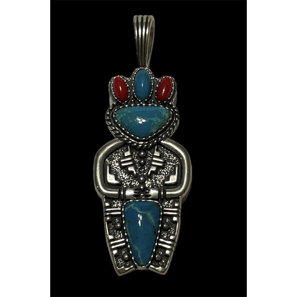 Carolyn Pollack Sterling Silver 925 Kachina Turquoise Red Coral Navajo Pendant